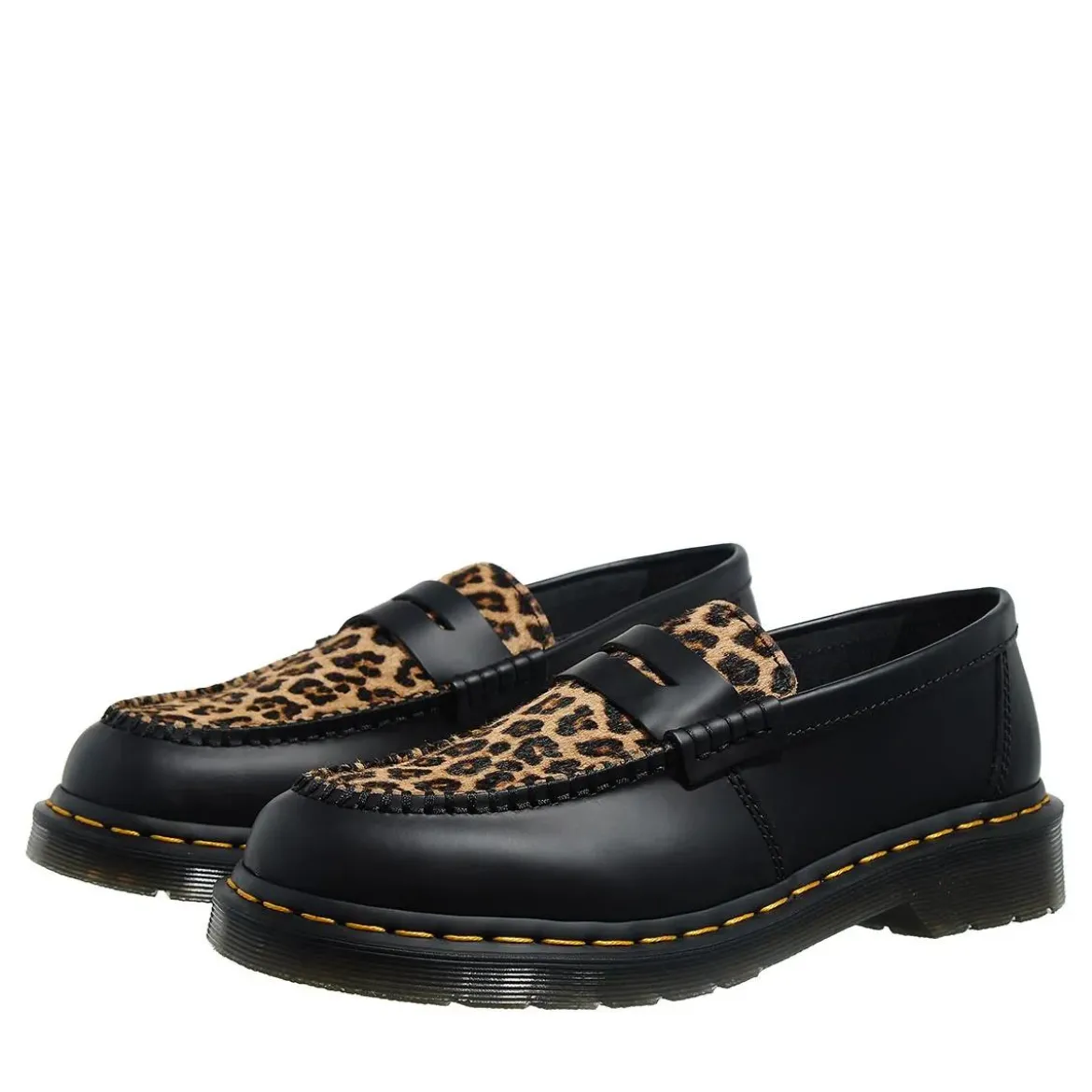 Dr. Martens PentonBlack+Light Tan Smooth+Mini Leopard Loafer