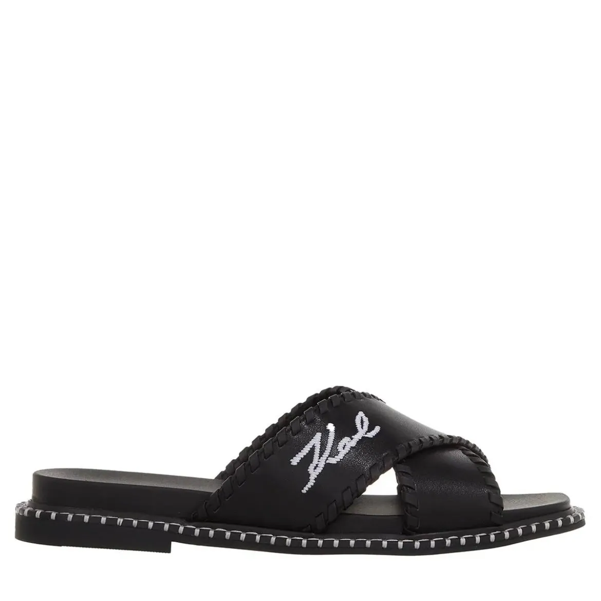 Karl Lagerfeld Kleo Whipstitch Krosstrap Black Lthr Slides