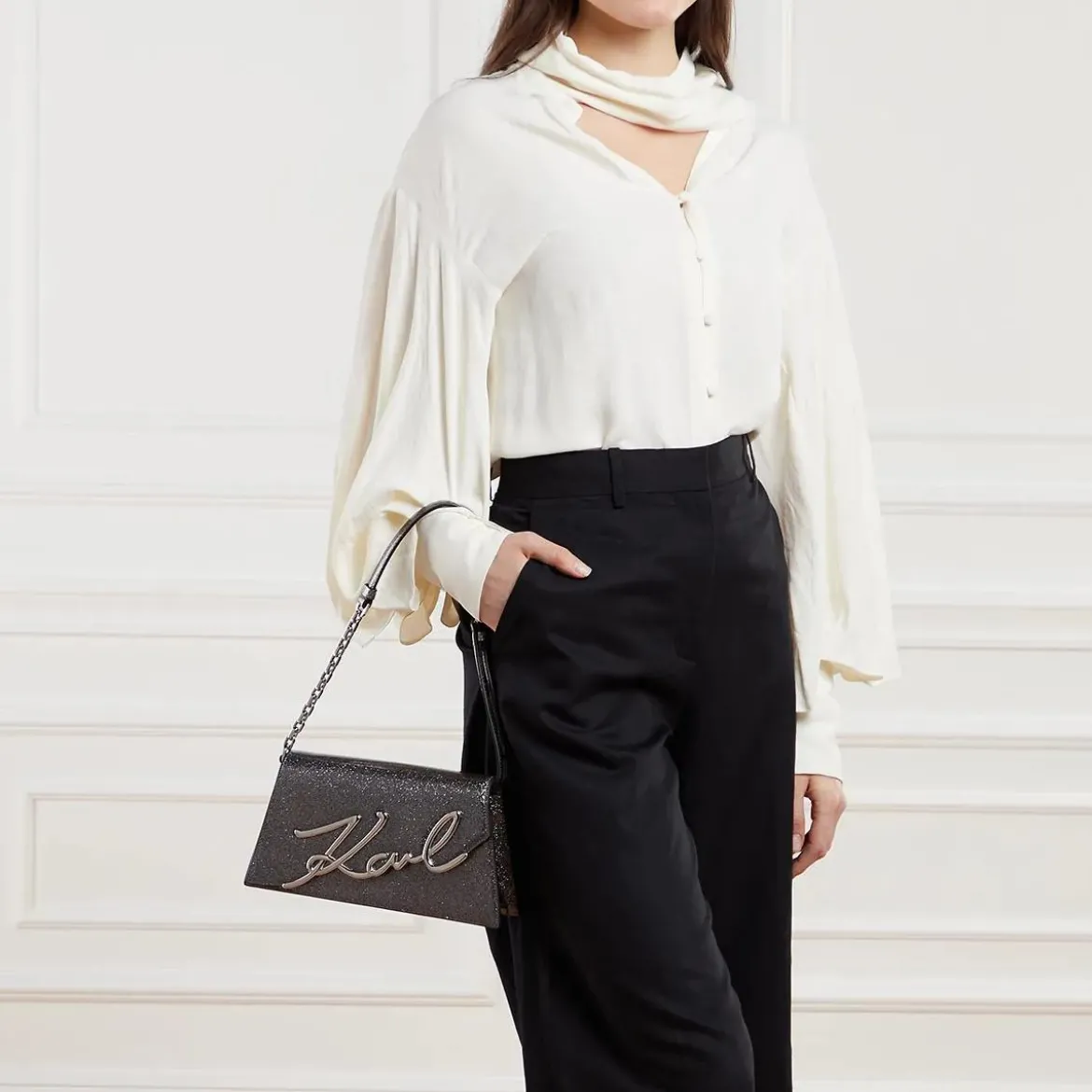 Karl Lagerfeld K/Signature 2.0 Sp Md Shb Glitter Black Satchel
