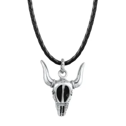 Kuzzoi Halskette Herren Lederkette Stierkopf Oxidiert 925 silber Lange Halskette