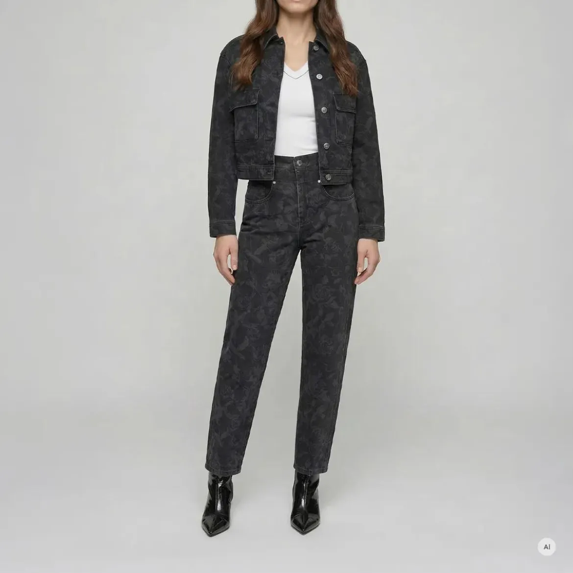 Marc Aurel Black Denim Jeansjacke mit Rosenprint schwarz Jeansjacke