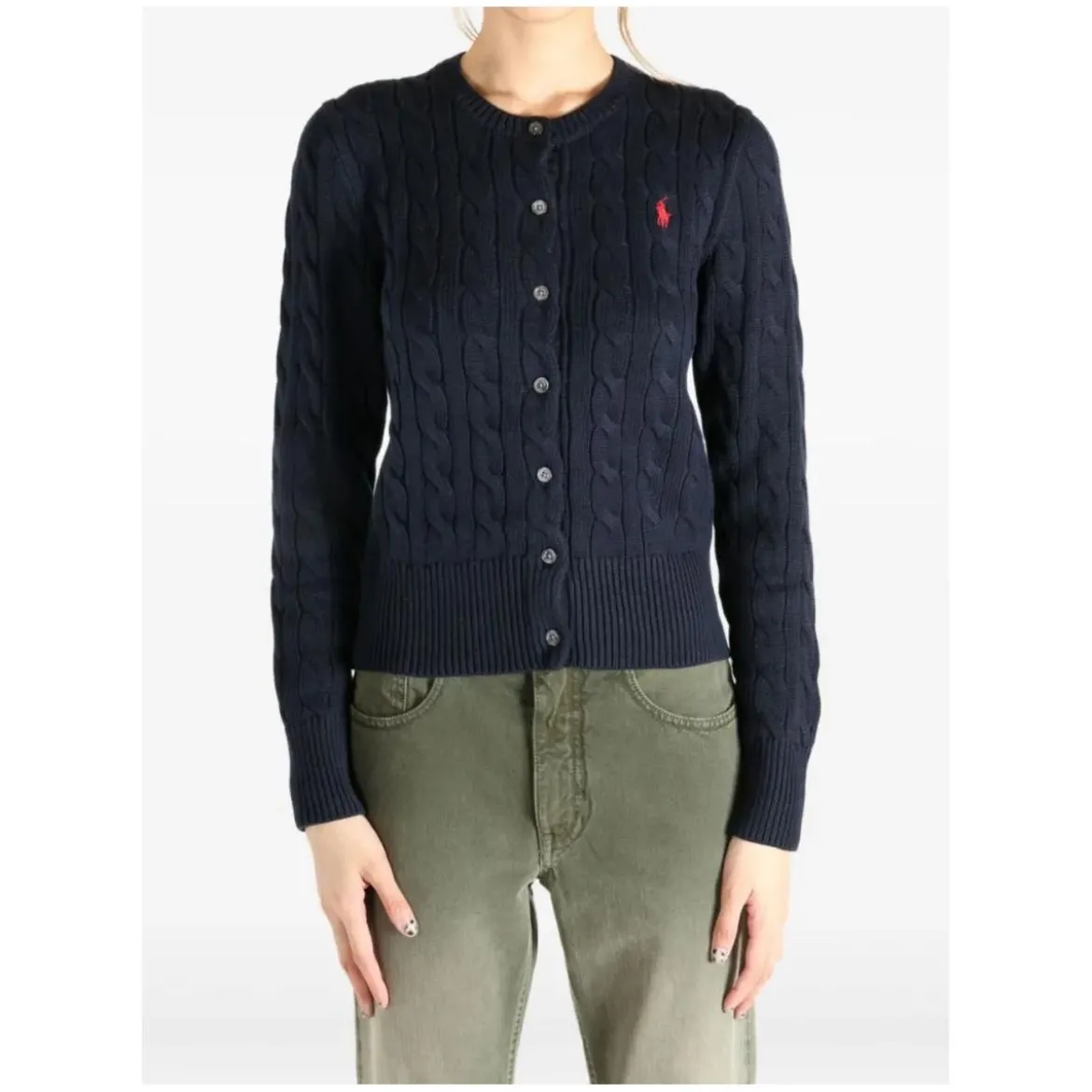 Polo Ralph Lauren Navy Blue Cable-Knit Cardigan With Fitted Silhouet Black Strickjacke