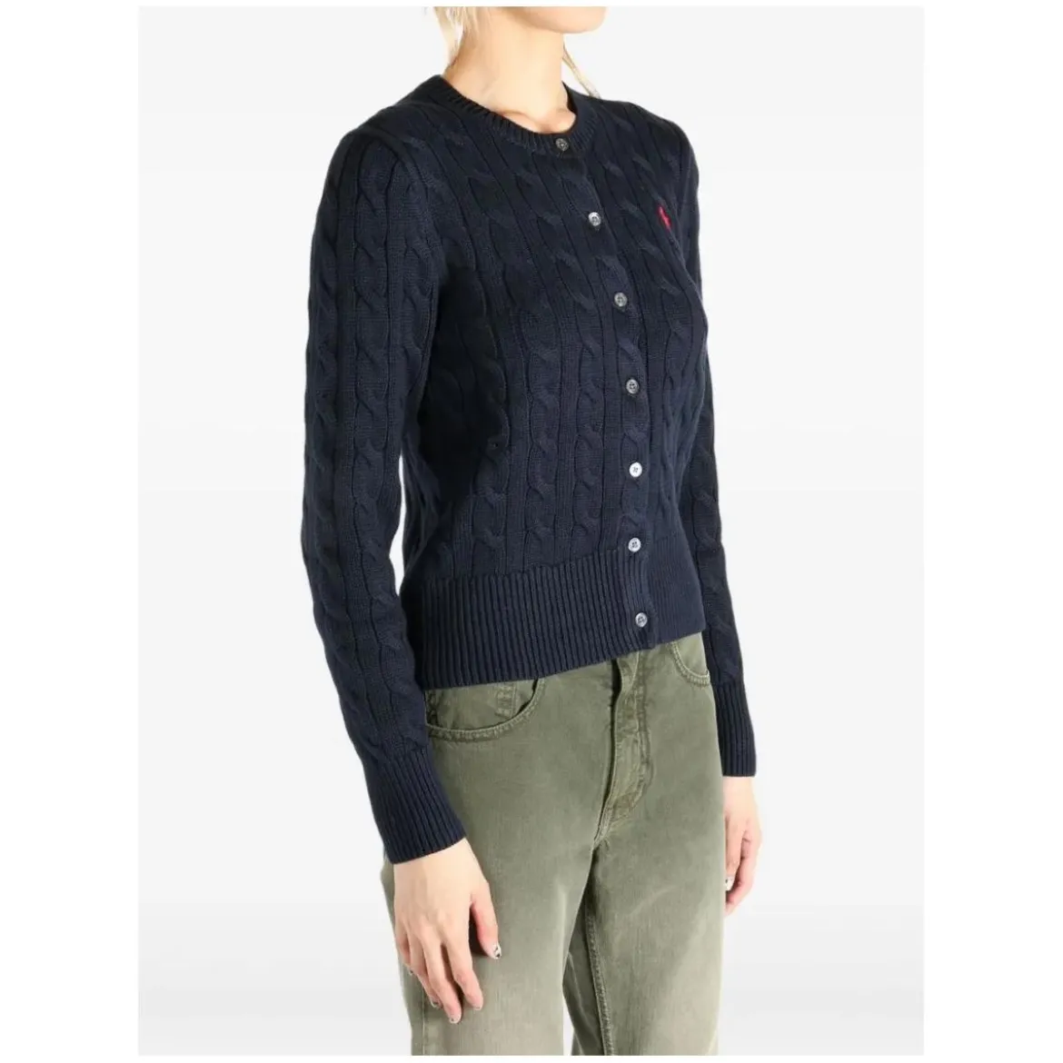 Polo Ralph Lauren Navy Blue Cable-Knit Cardigan With Fitted Silhouet Black Strickjacke