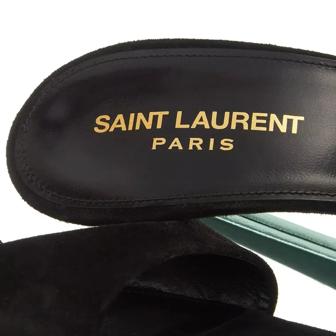 Saint Laurent PAZ Suede And Metallic Leather Sandals Black and Hope Green Pumps