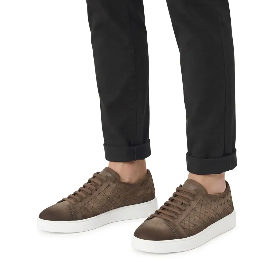 Santoni Sneakers aus geflochtenem Leder braun Schnürschuhe