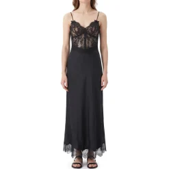 Self Portrait Midikleid aus Satin & Spitze schwarz Maxikleid