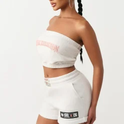 True Religion - Bandeau-Top- Puff-Print- Weiche Fleeceinnensei graubeige Top
