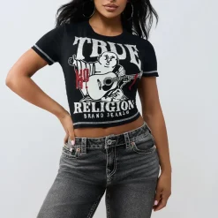 True Religion - Buddha-Print- Ziersteine auf Front- Kurzarm-schwarz T-Shirt
