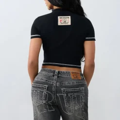 True Religion - Buddha-Print- Ziersteine auf Front- Kurzarm-schwarz T-Shirt