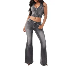 True Religion - Denim-Top- Tiefer Rundhalsausschnitt- Struktur schwarz Top
