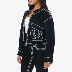 True Religion - Gerader Schnitt- Verkürzte Form- Weiße Ziernäh schwarz Jeansjacke