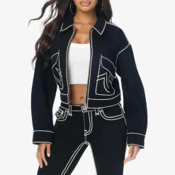 True Religion - Gerader Schnitt- Verkürzte Form- Weiße Ziernäh schwarz Jeansjacke