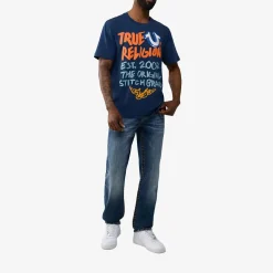 True Religion - Gerader Schnitt- Rundhals- Überschnittende Sch blau T-Shirt