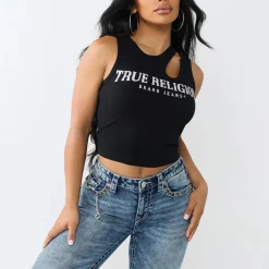 True Religion - Top- Ziersteine auf Front- Cut Out- Dehnbarer schwarz Top
