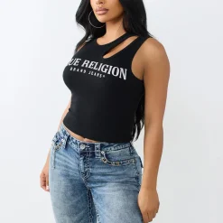 True Religion - Top- Ziersteine auf Front- Cut Out- Dehnbarer schwarz Top