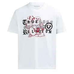 True Religion - T-Shirt- Übereinander angeordnete Logos auf Fro weiss T-Shirt
