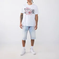 True Religion - T-Shirt- Übereinander angeordnete Logos auf Fro weiss T-Shirt