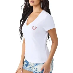 True Religion - T-Shirt- V-Ausschnitt- Markenlogo auf Front-weiss T-Shirt