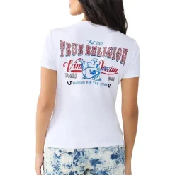 True Religion - T-Shirt- V-Ausschnitt- Markenlogo auf Front-weiss T-Shirt