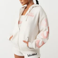 True Religion - Zip-Hoodie- Lockere Passform- Puff-Print- Übe graubeige Blouson